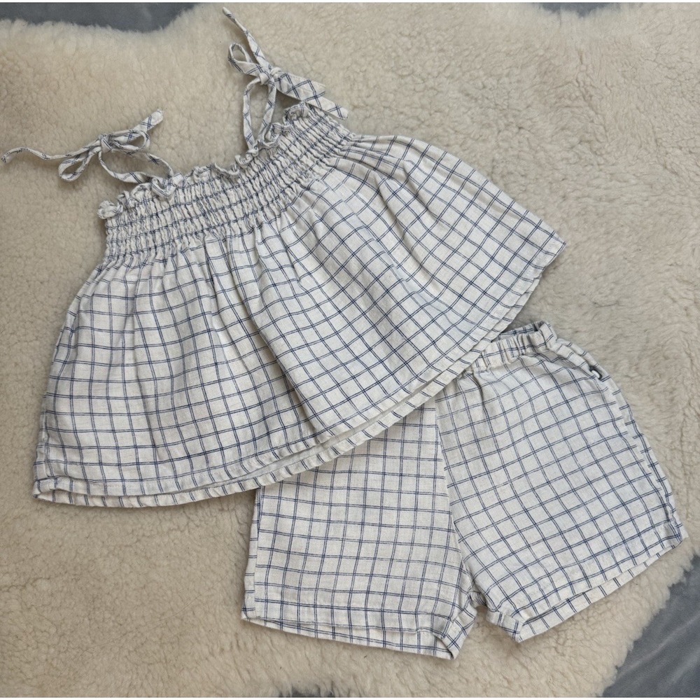 Oeuf Baby Girl Clothes 2Y 100% Linen Set Smocked Plaid Boho Tank Shorts Nautical